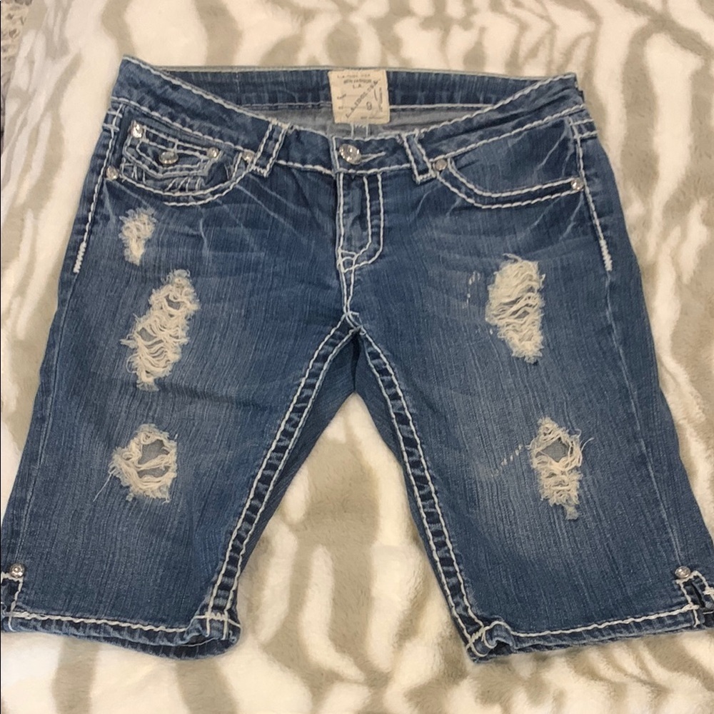 L.A. Idol Distressed Blue Denim Bermudas - Picture 1 of 4
